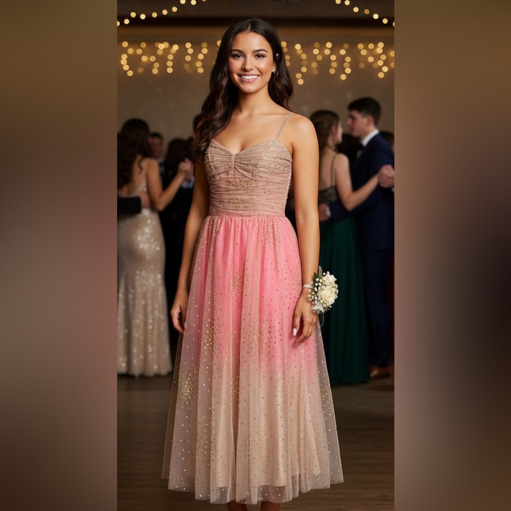 Y2K Adrianna Papell Mesh Pink Champagne Ombré Gold Sparkle Fairy Gown Dress 6